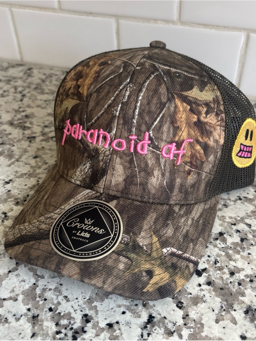 Lids Mossy Oak Camouflage Trucker Hat with Pink 'paranoid af' Embroidery
